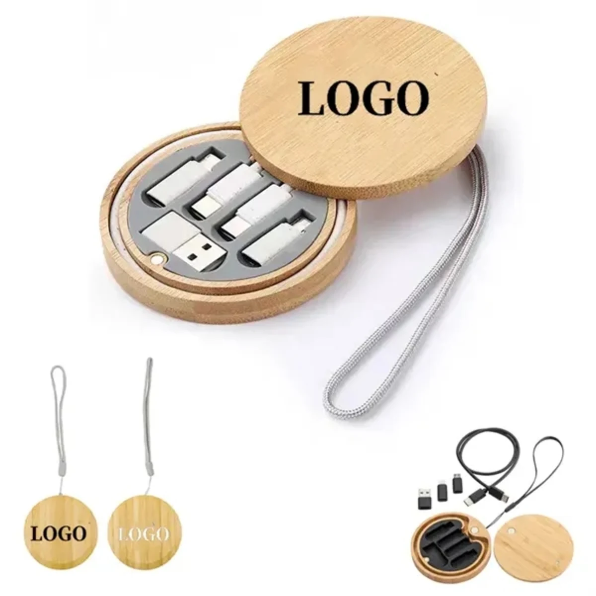 Round Bamboo Charging Cable Kit 1