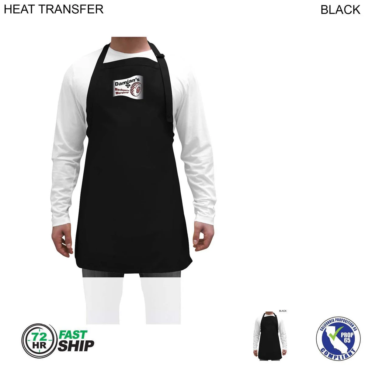 72 Hr Fast Ship - Twill Bib Apron, 25x28, No Pockets, Adjustable Neck, Heat Transfer logo 1