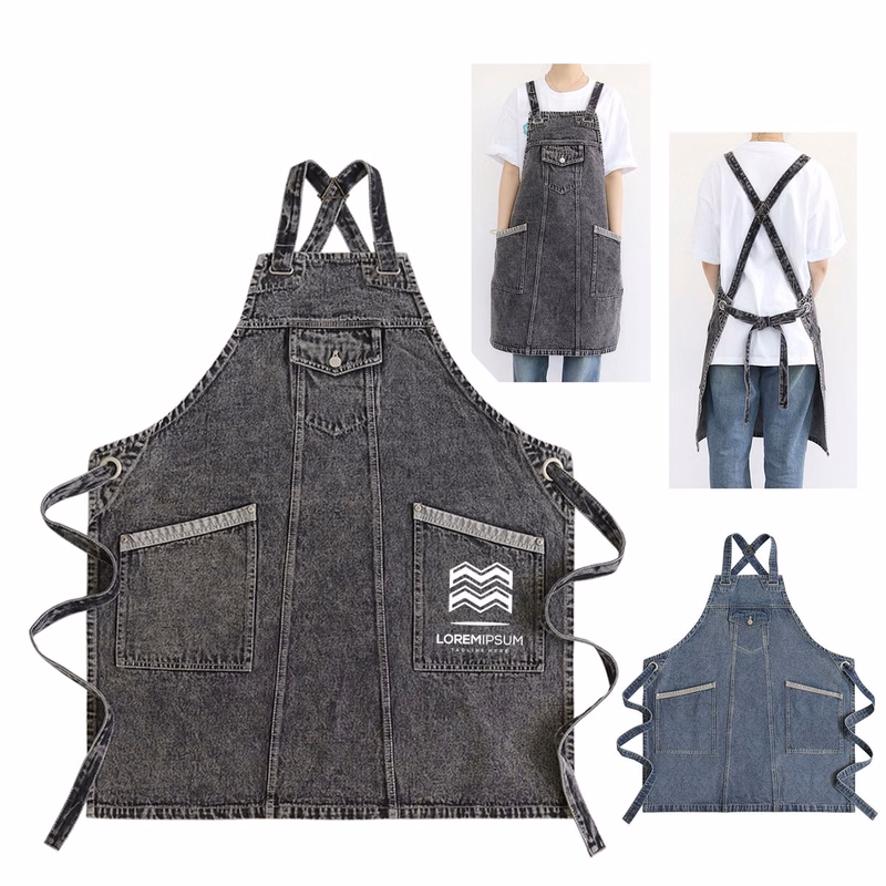 Washed Denim Utility Apron With Pockets