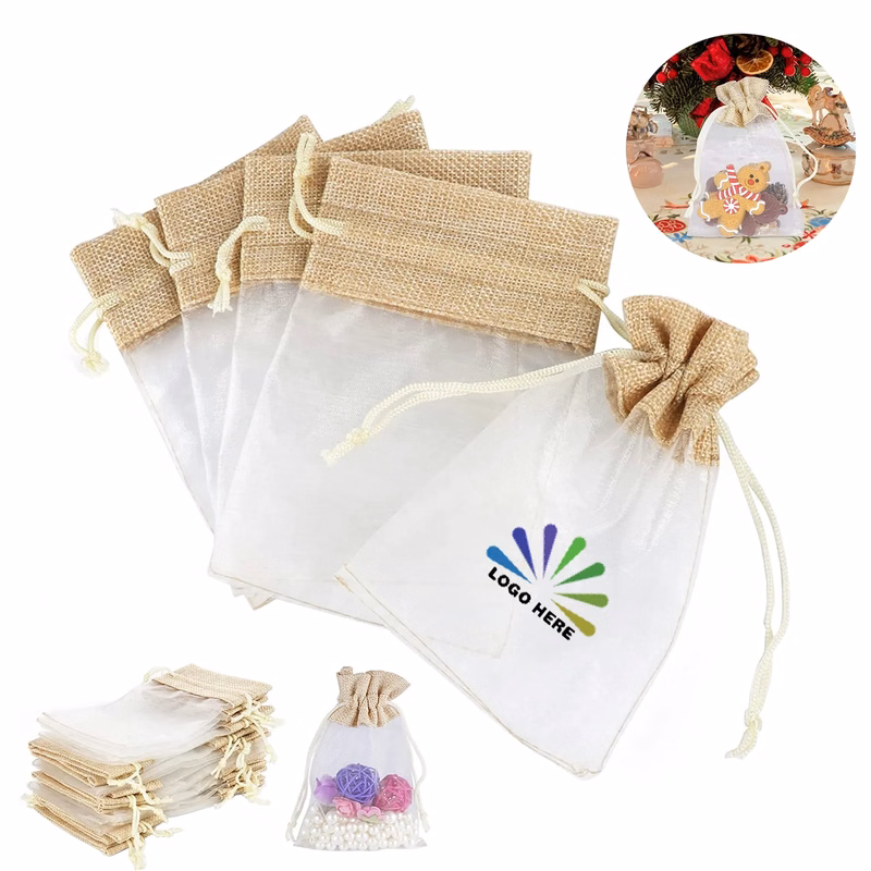 4" x 6" Linen Organza Splicing Gift Bag Drawstring Pouches