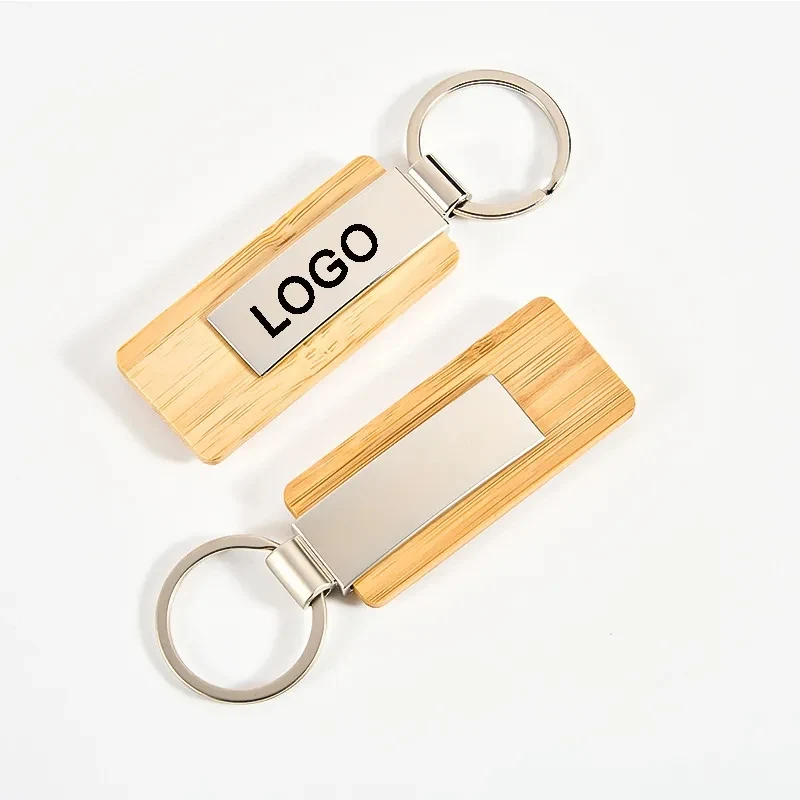 Rectangular Bamboo and Metal Keychains 1