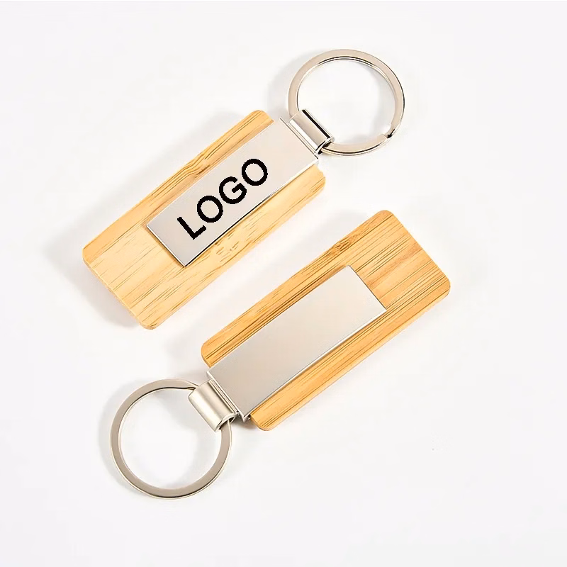Rectangular Bamboo and Metal Keychains