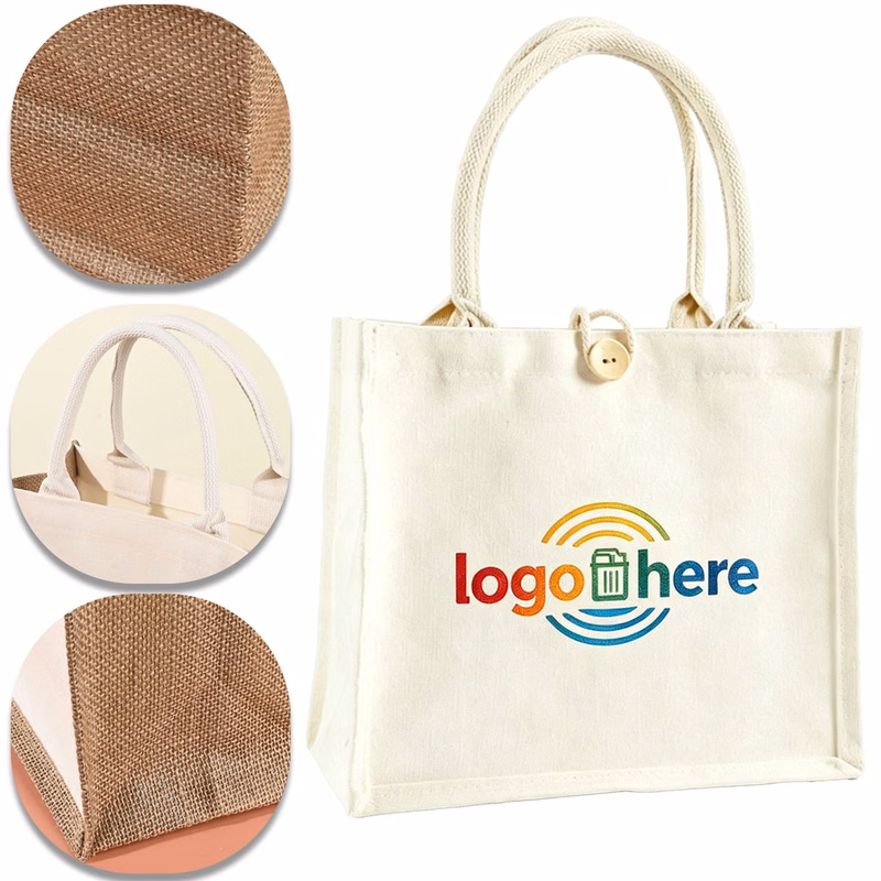 Button Closed Jute Handheld Tote
