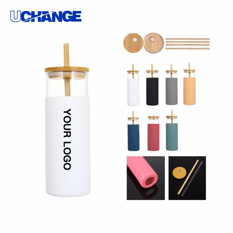 17 oz Glass Tumbler Drinkware with Wooden Lid and Straw