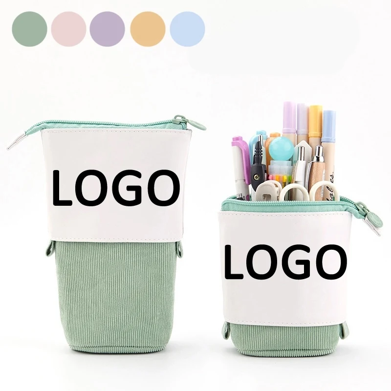 PU & Corduroy Stand-up Retractable Pen Pencil Organizer Bag 1