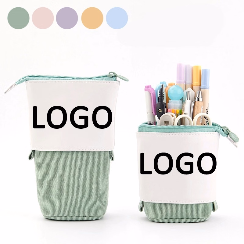PU & Corduroy Stand-up Retractable Pen Pencil Organizer Bag