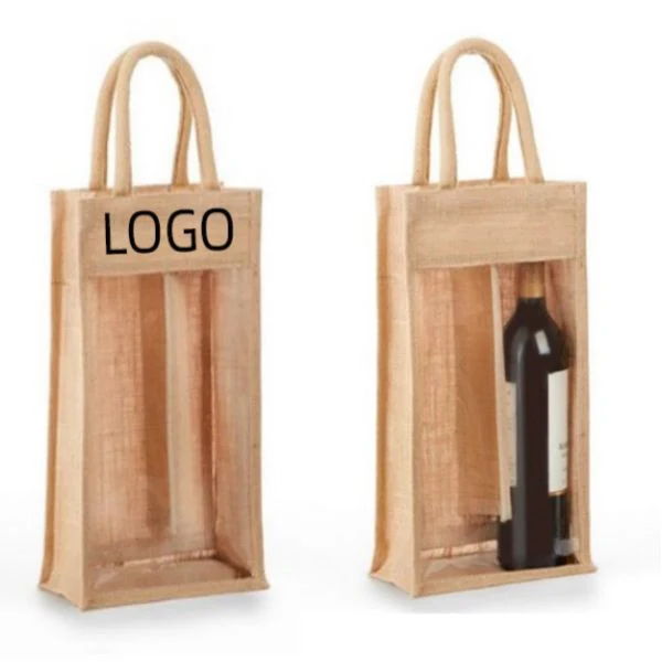 Clear Front Jute Double Bottle Wine Bag 1