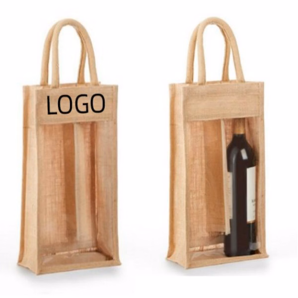 Clear Front Jute Double Bottle Wine Bag