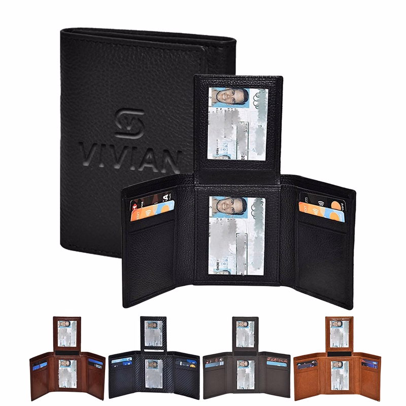 Men Geniune Leather Trifold Wallet W/ Rfid Blocking