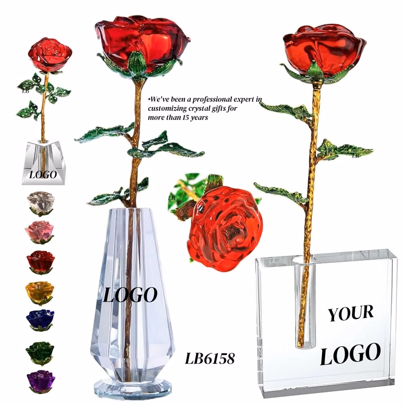 Long Stem Crystal Rose with Vase Romantic Gifts for Her