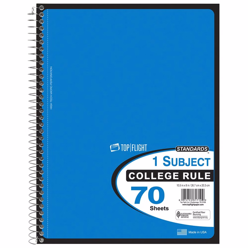 1 Subject Spiral Notebooks - College Ruled 70 Sheets 5 Colors