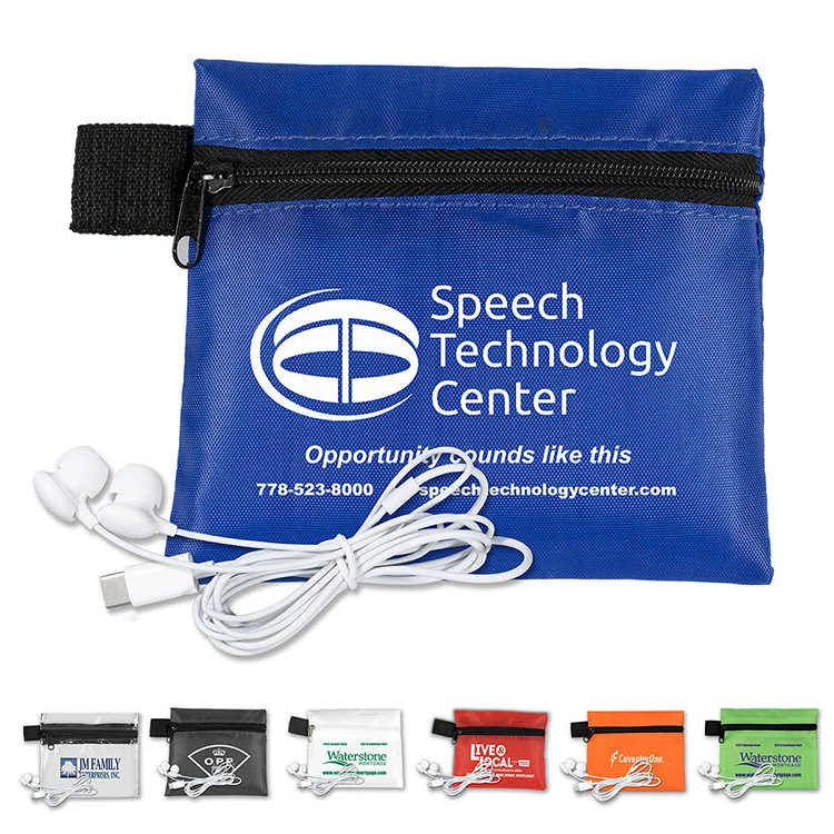 Mobile Tech Earbud Kit In Zipper Pouch Components inserted into Polyester Zipper Pouch 1