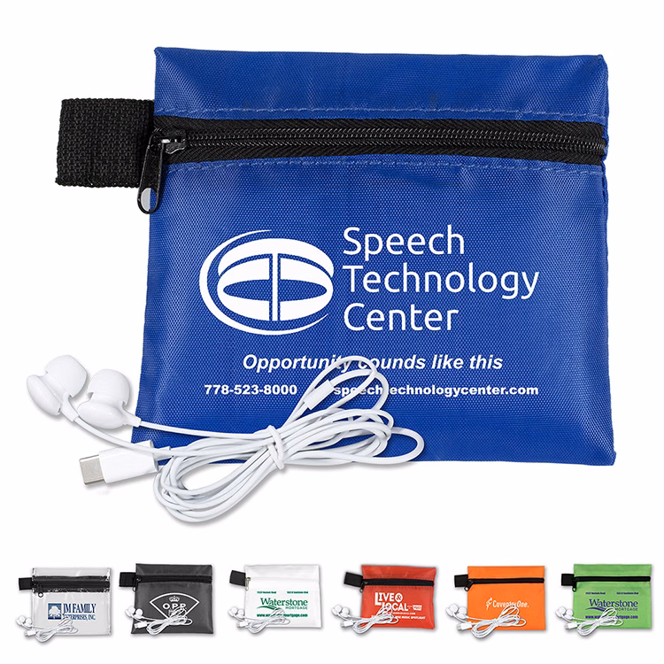 Mobile Tech Earbud Kit In Zipper Pouch Components inserted into Polyester Zipper Pouch