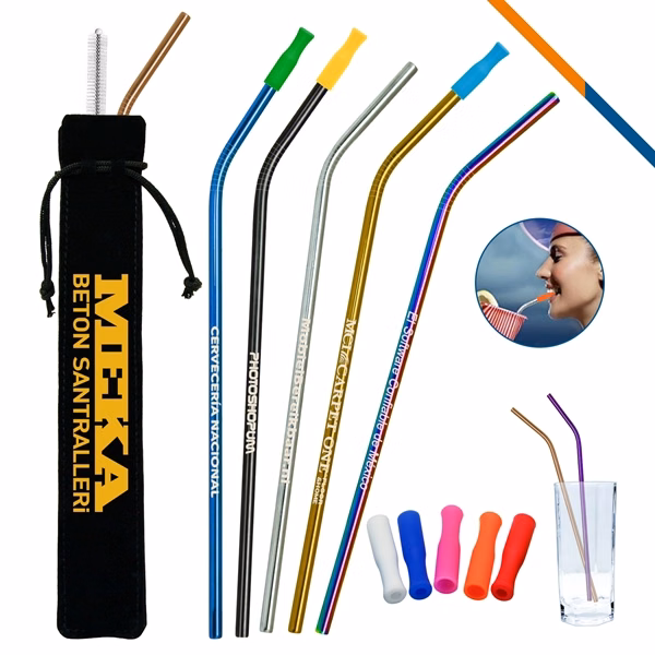 Custom Stainless Steel Bent Straws — 10.43 Inch Reusable Eco Promo Gift
