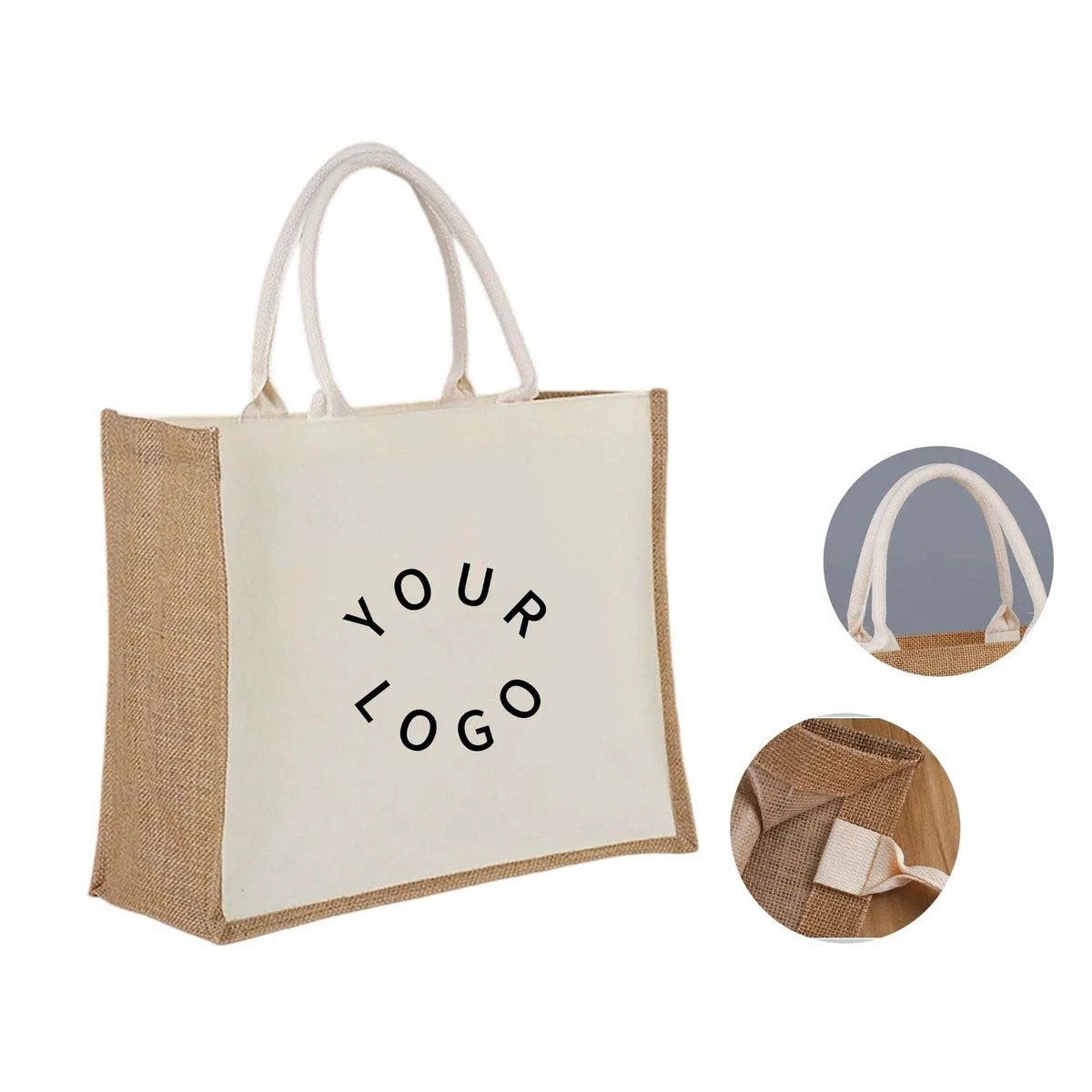 Jute Tote Bag with Canvas Panel Eco Friendly, custom tote bag with logo imprint 1