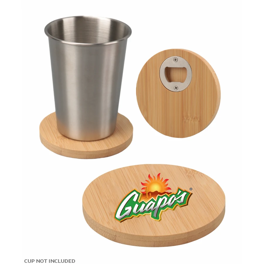 Union Printed - 4 inch Round Bamboo Coaster with Beer Opener - Full-Color Logo 1