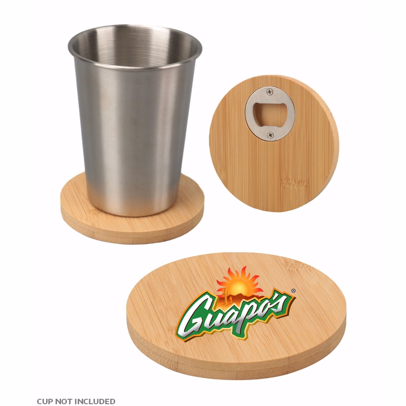 Union Printed - 4 inch Round Bamboo Coaster with Beer Opener - Full-Color Logo