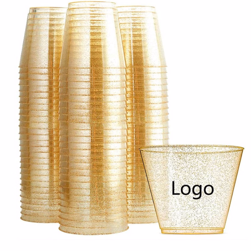9OZ 25PCS PET Gold Dust Trian Wine Class Drink Cup