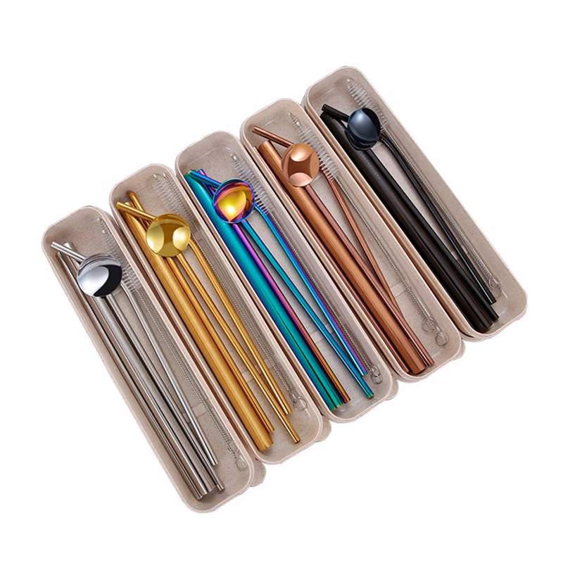 Silver Stainless Steel Straw Spoon Set