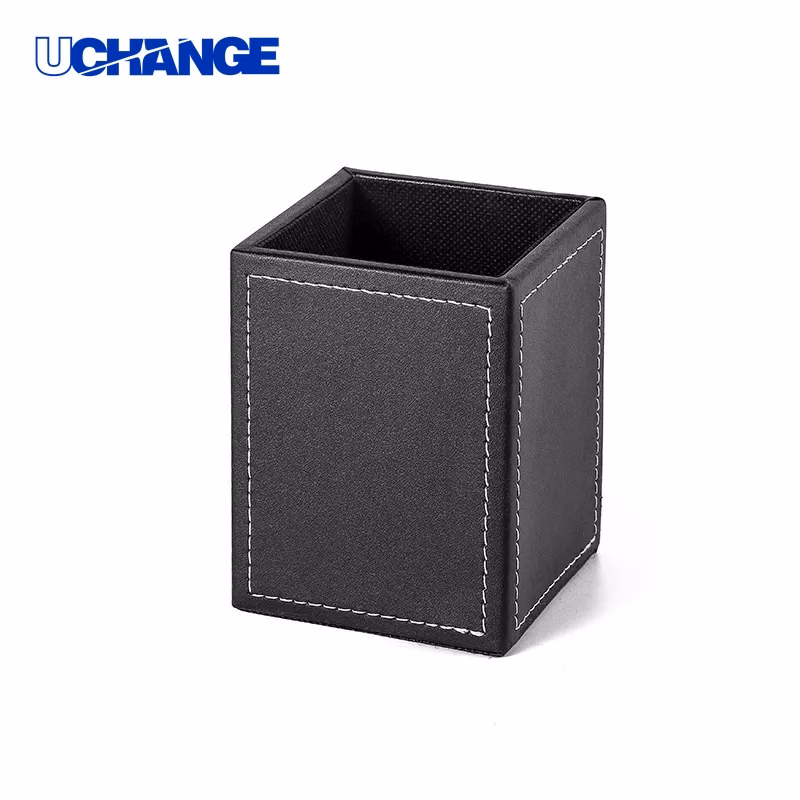 PU Leather Square Pen Holder Structured Desk Organizer