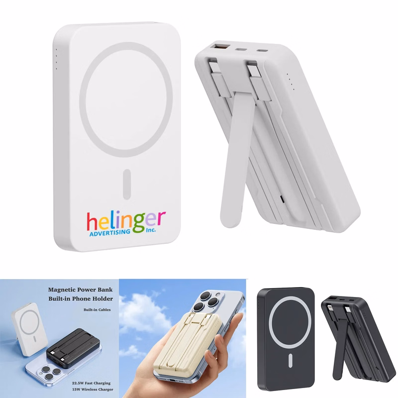 10000mAh Magnetic Power Bank with Stand & Built-in Cables