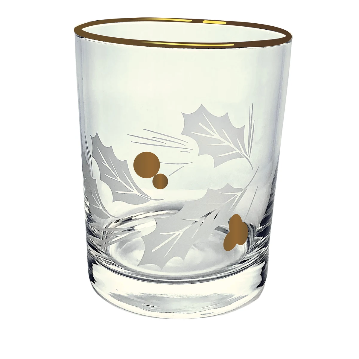 Vintage Satin Etch Holly Leaves & Gold Berries Holiday Glass 1