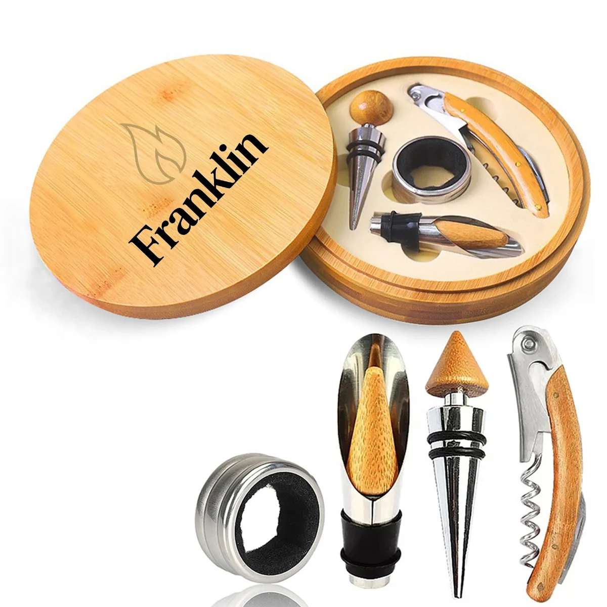 MOQ 10 Bamboo Round Wine Opener Set 1