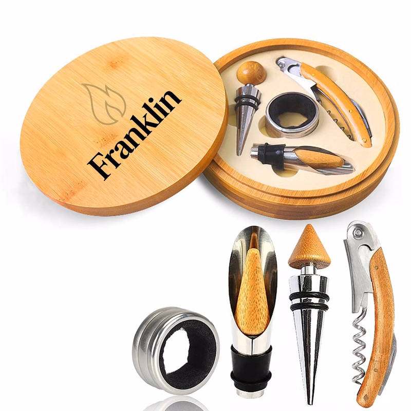 MOQ 10 Bamboo Round Wine Opener Set
