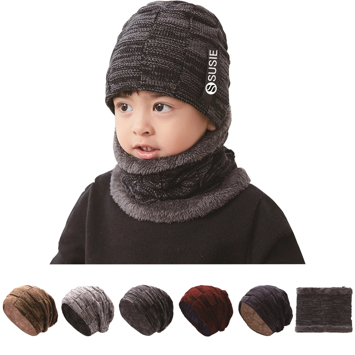 Kids Winter Knitted Hats And Circle Scarf Set 1