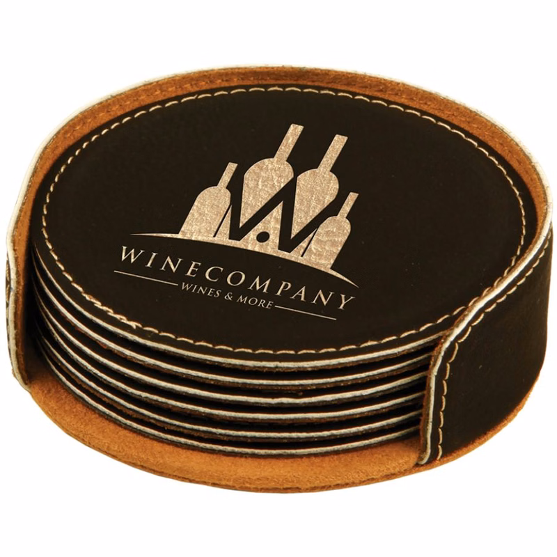 Black Leatherette Set of Six Round Coasters