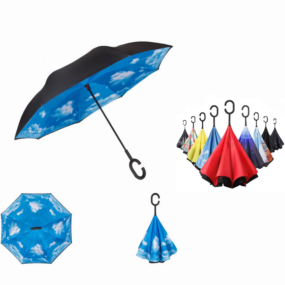 Two-Tone Folding Inversion C Shape Handle Umbrella 1