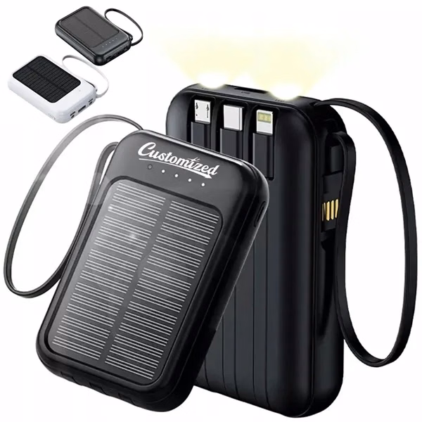 Custom Solar Power Bank with 3 Built-In Cables and Dual USB Output — Eco Promo Tech
