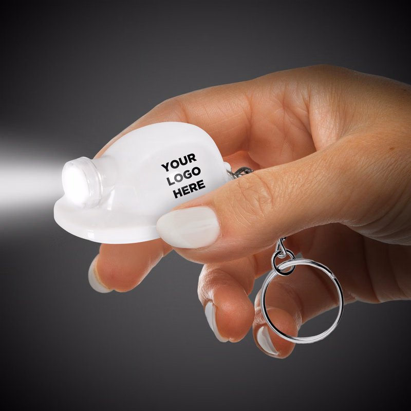 White Safety Helmet Flashlight Light Up Glow LED Keychain