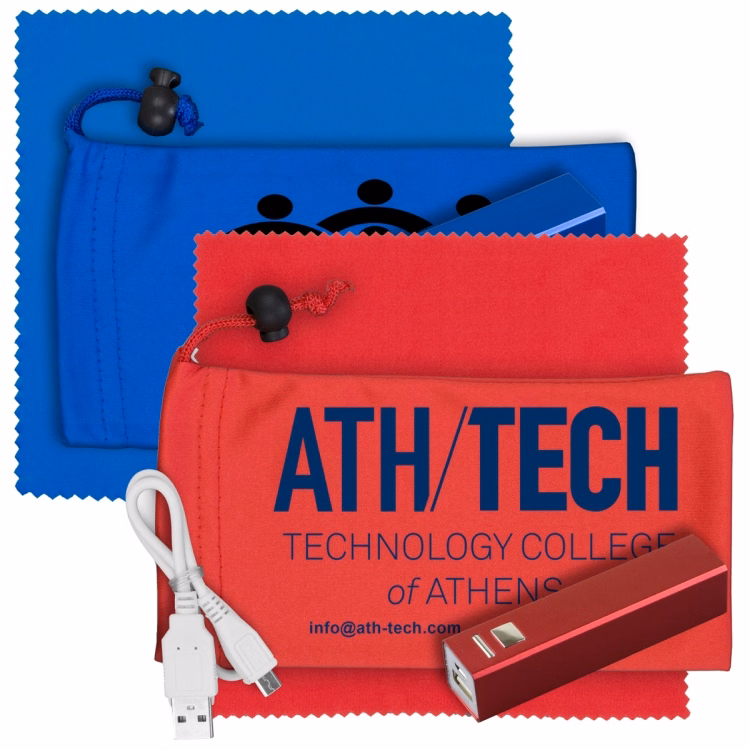 Mobile Tech Metal Power Bank Kit in Microfiber Cinch Pouch Components inserted into Microfiber Pouch