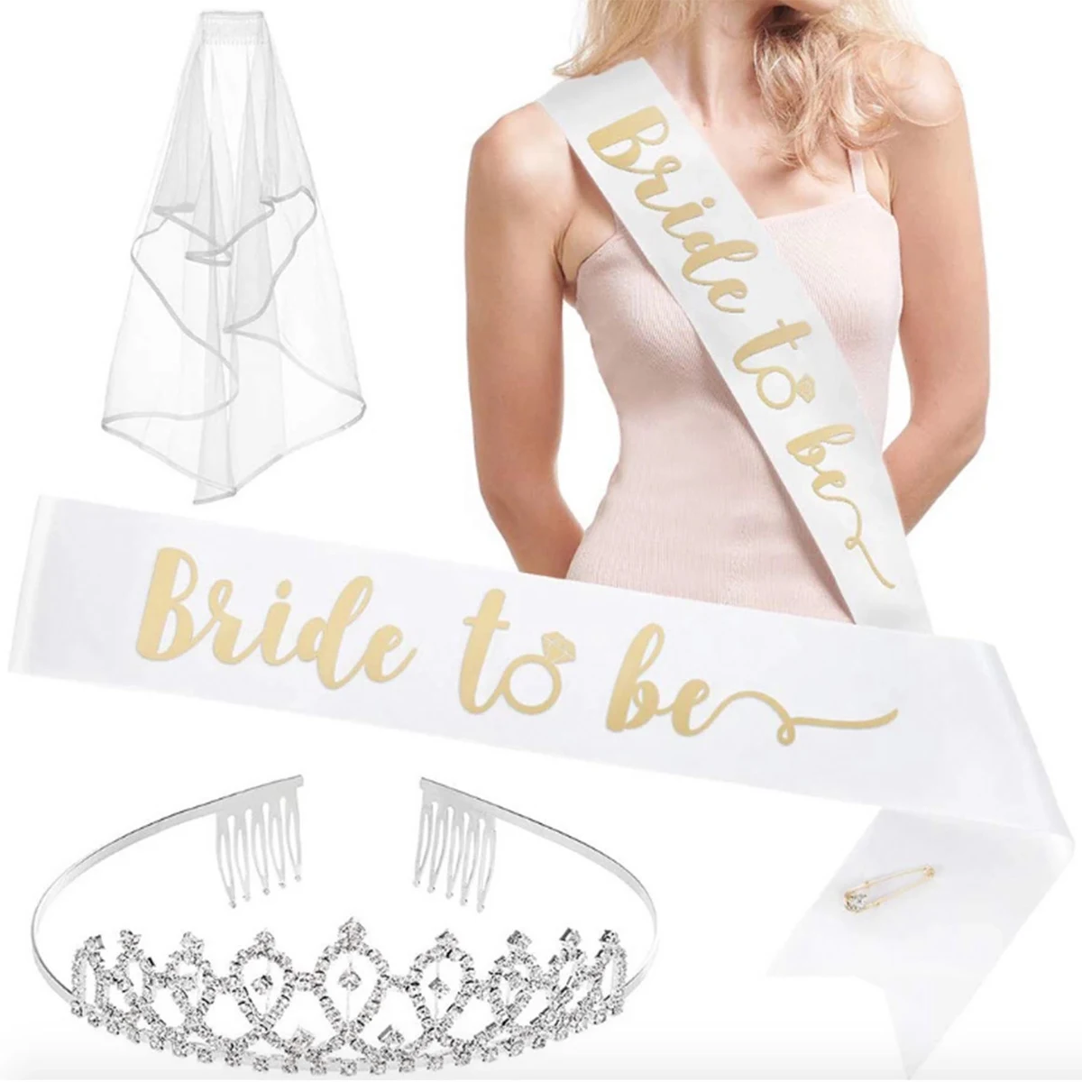 Bride Headband with Veil and Glitter Sash 1