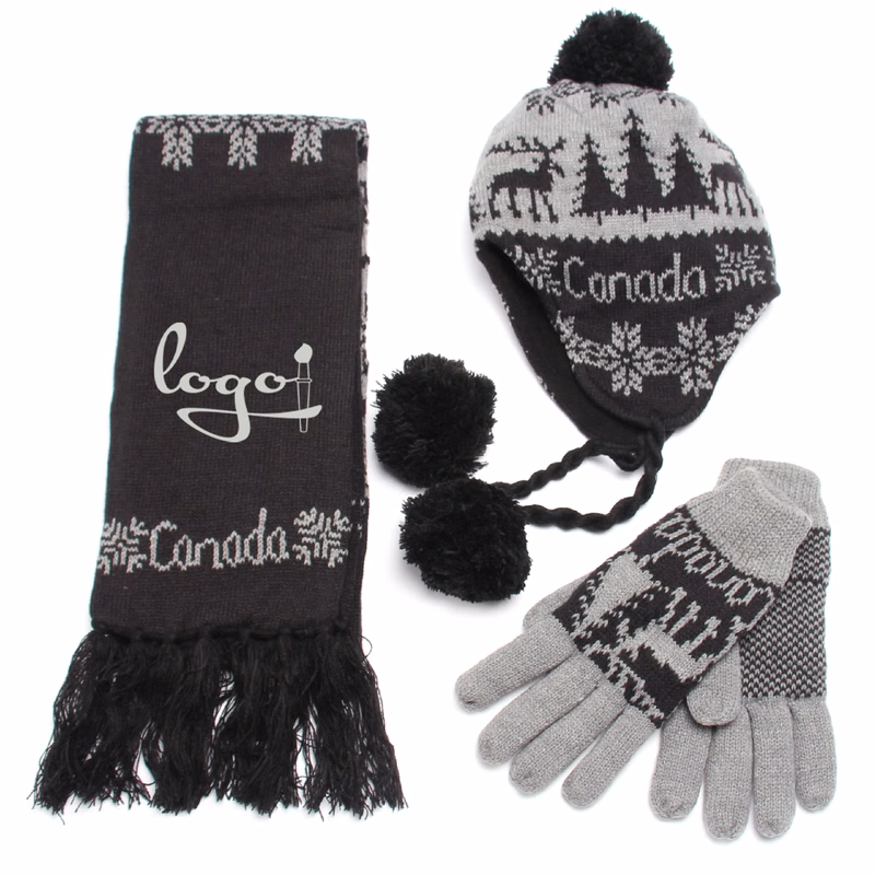 Christmas Patterned Pom Scarf Hat and Gloves Set Three Piece
