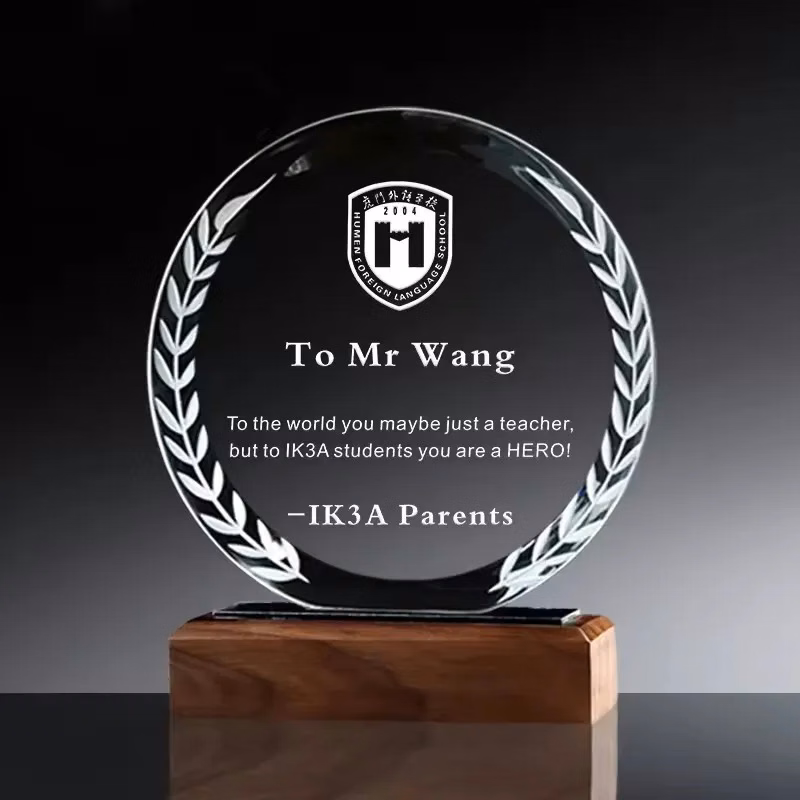 SOLID WOOD BASE ROUND CRYSTAL TROPHY