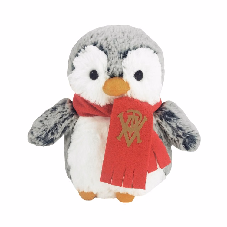 6" Mini Pom Pom Penguin with fleece scarf and one color imprint