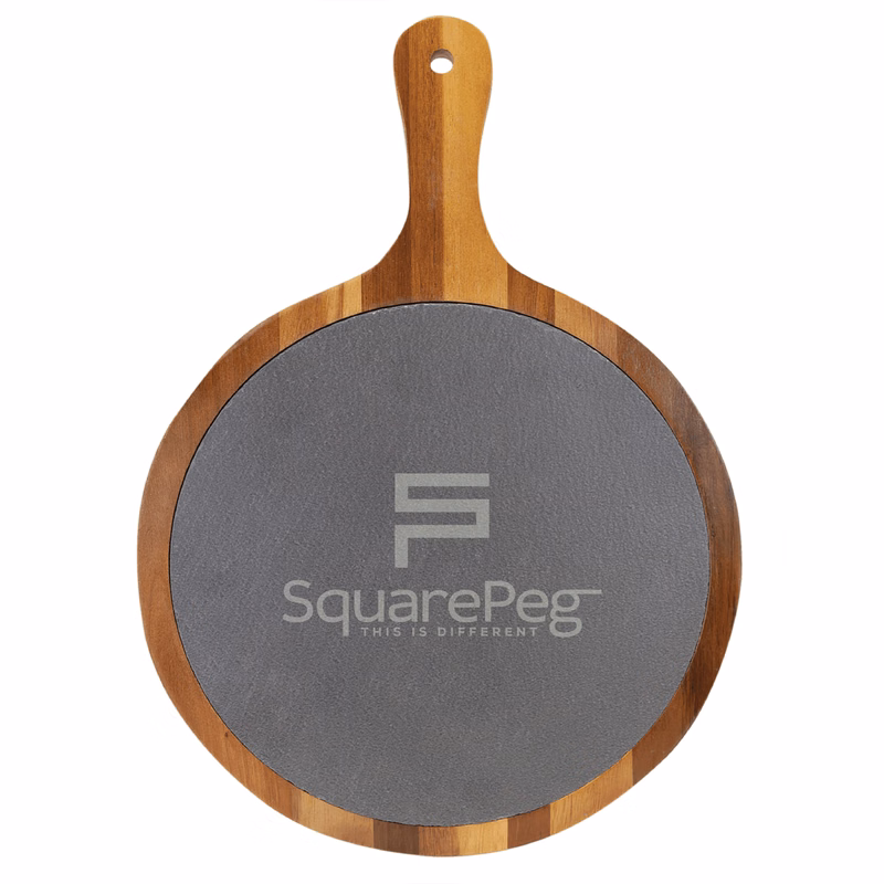 14 1/2" x 10 1/2" Round Acacia Wood/Slate Serving Board with Handle