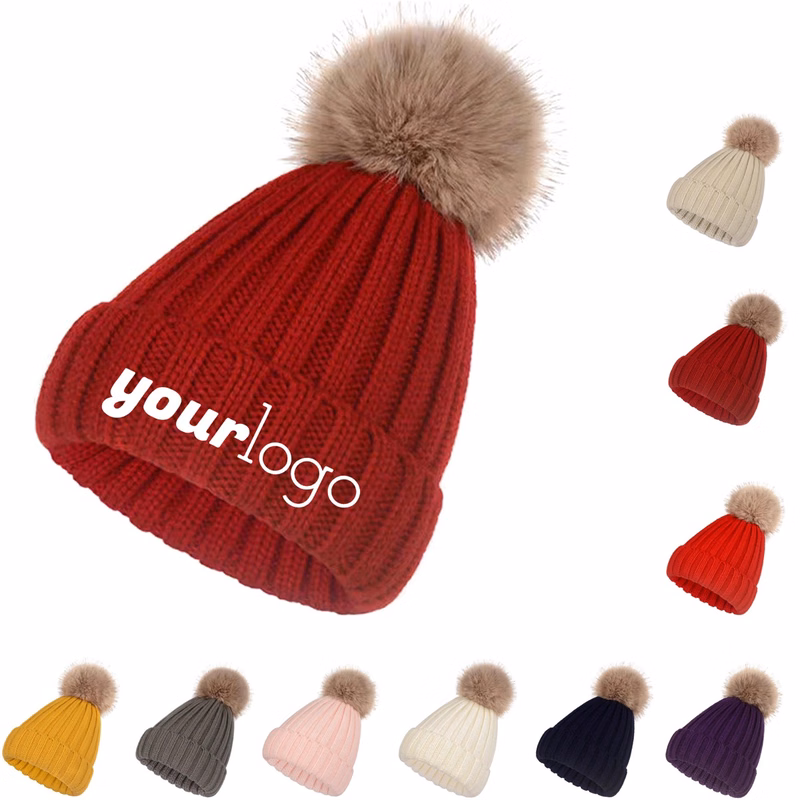 Women's Fleece Lined Beanie with Faux Fur Pompom