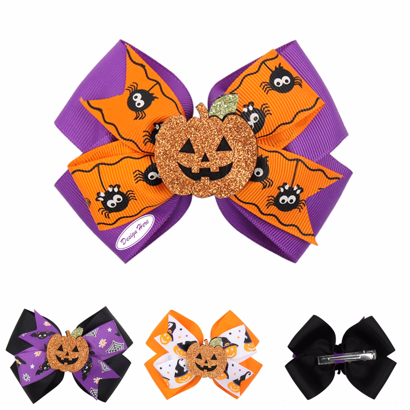 Halloween Spider & Pumpkin Hair Bows Clips for Kids