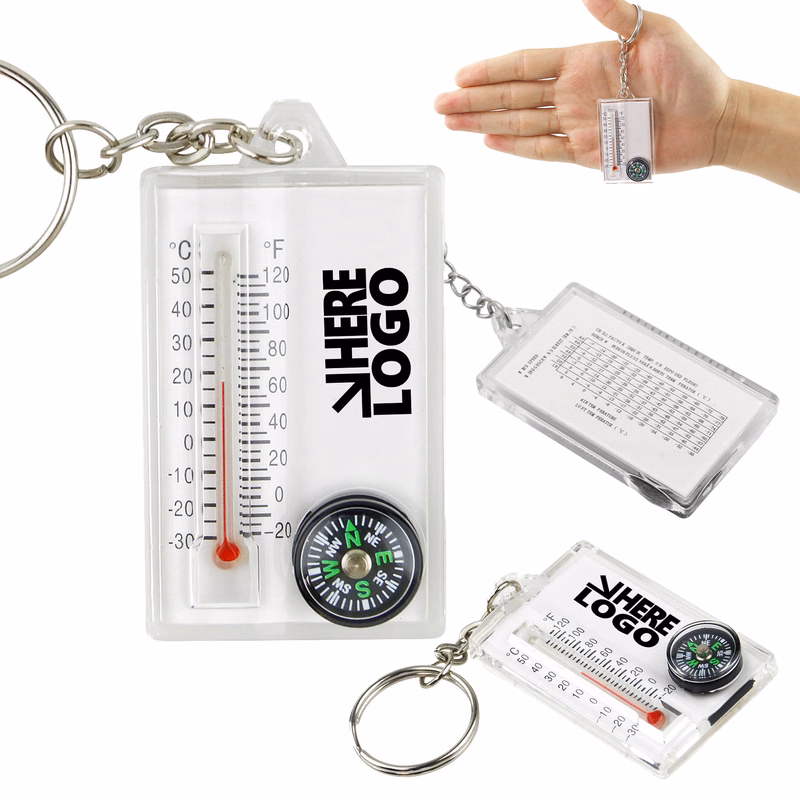 MOQ 20 Thermometer Compass Keychain Adventure Key Tag