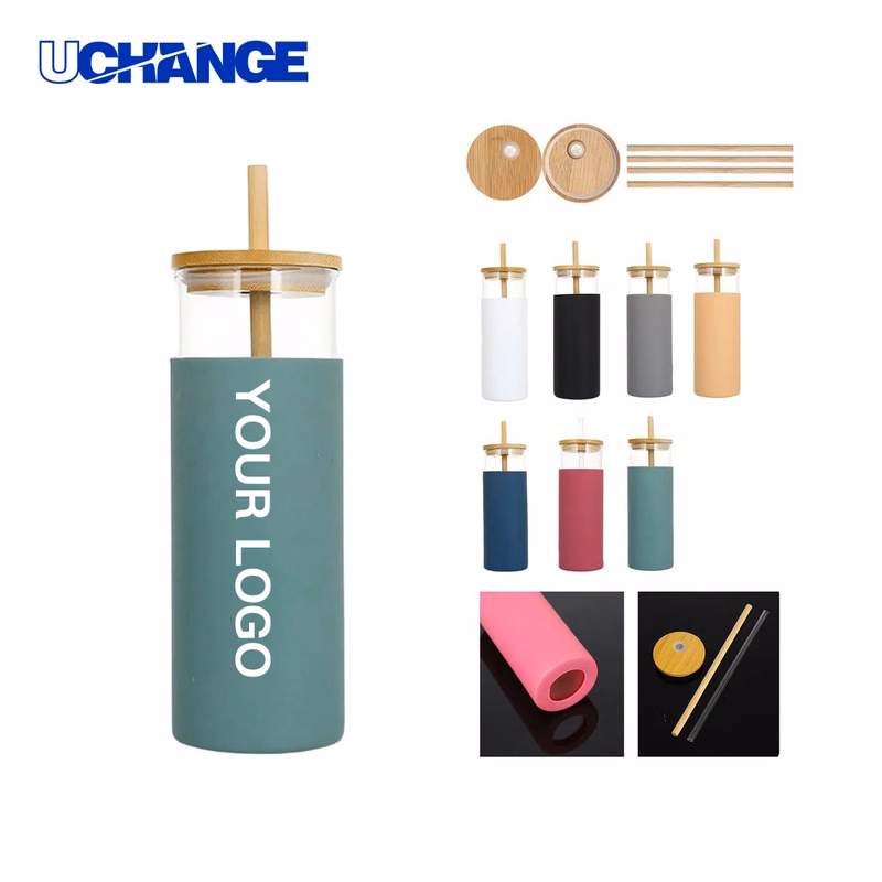Glass Beverage Cup Drinkware with Straw and Wood Cover