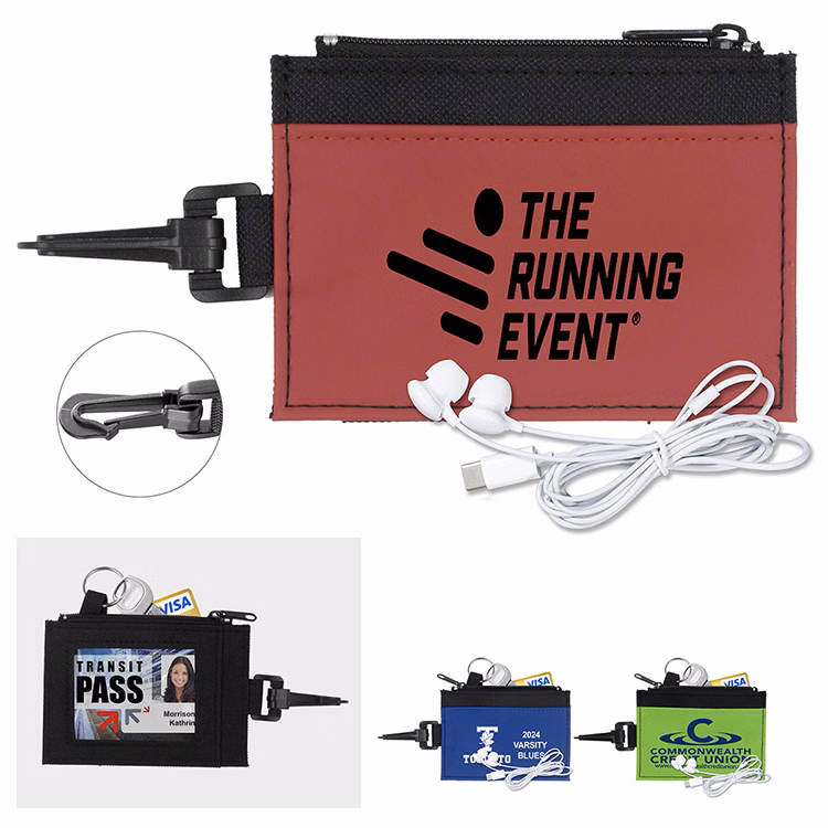 Mobile Tech Earbud Kit in Travel ID Wallet Components inserted into Zipper Pouch ID Wallet