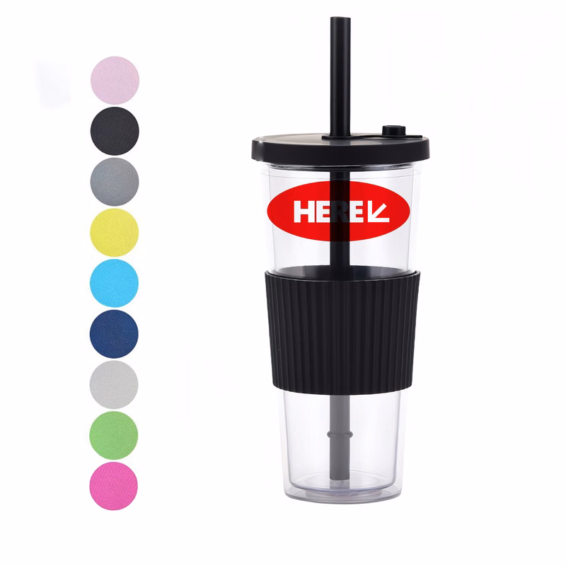 24Oz AS Plastic Double-Wall Tumbler with Straw and Grip