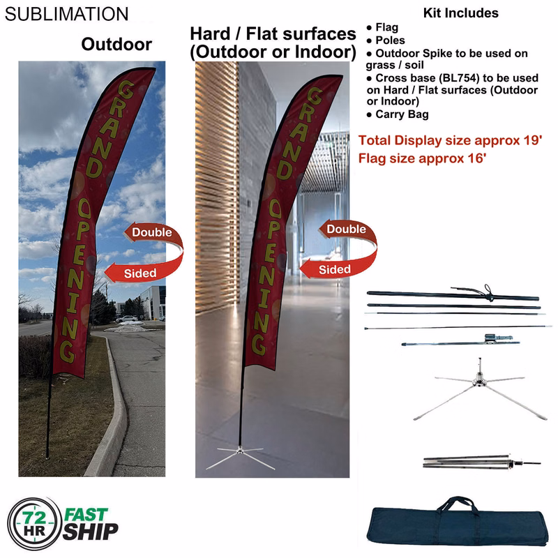 72Hr Fast Ship - 19' XL Feather Flag Kit, Full Color Graphics Double Sided, Outdoor & Indoor Use