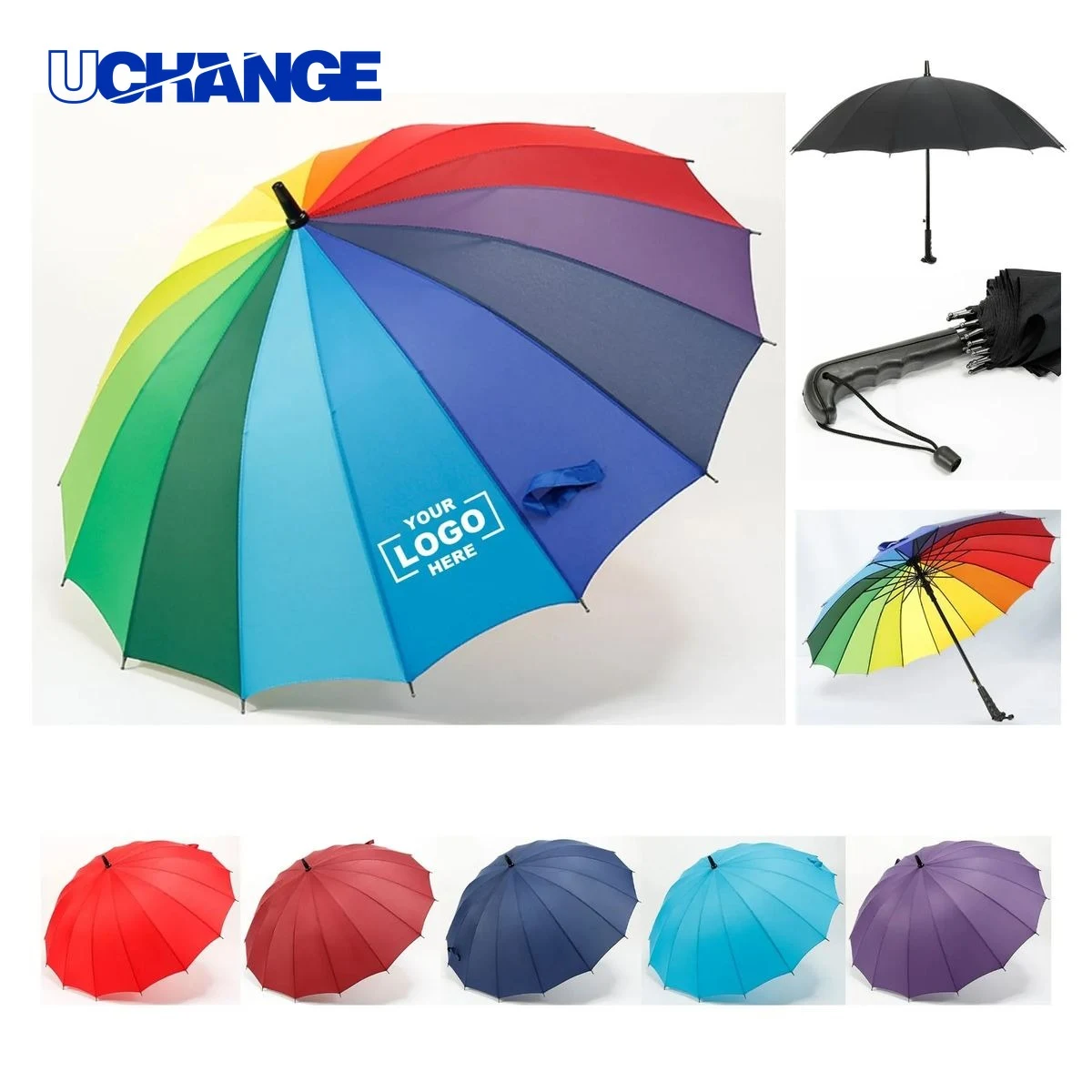 16-Rib Rainbow Canopy Golf Umbrella Windproof Design 1