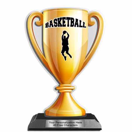 Acrylic Trophy: 6" Cup, BASKETBALL Design, 3x5" Bl