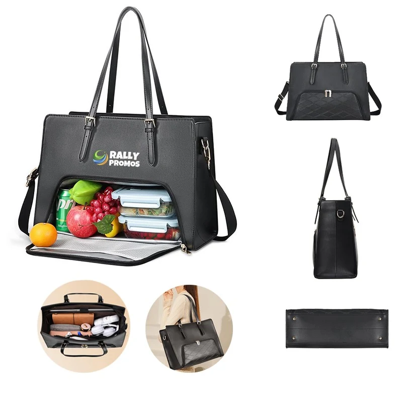 PU Leather Laptop Tote Bag with Insulated Lunch Compartment 1