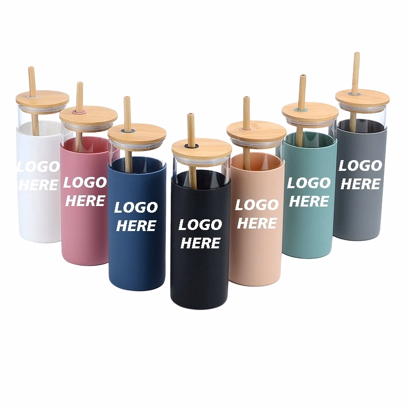 Custom 17 oz Glass Tumbler With Bamboo Lid And Straw